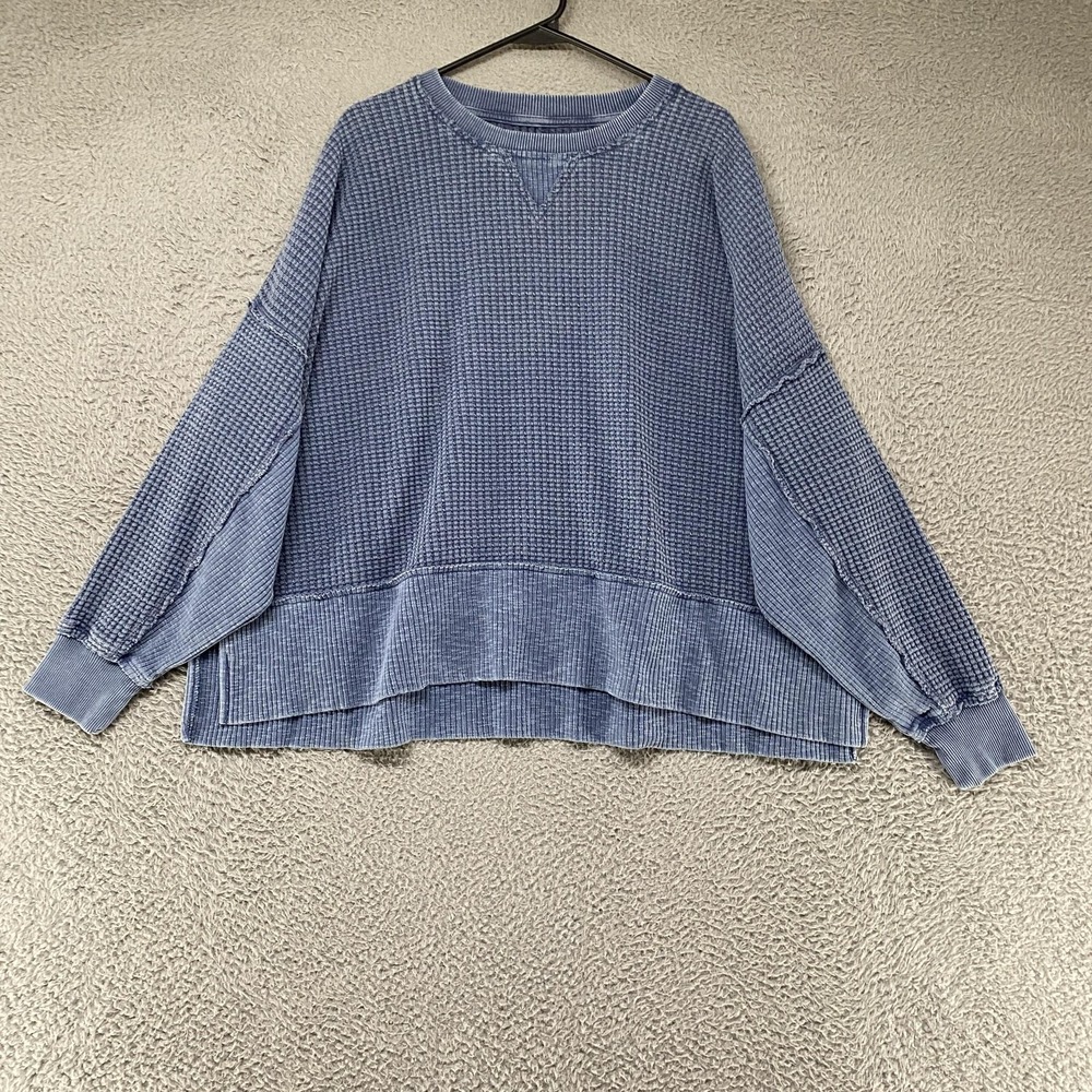 American Eagle Oversized Thermal Womens M Blue Waffle Knit Slouchy Boxy Cabin